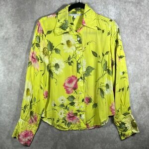 Esther Chen Blouse Womens 6 Yellow Floral Silky Button Up Long Sleeves Artsy